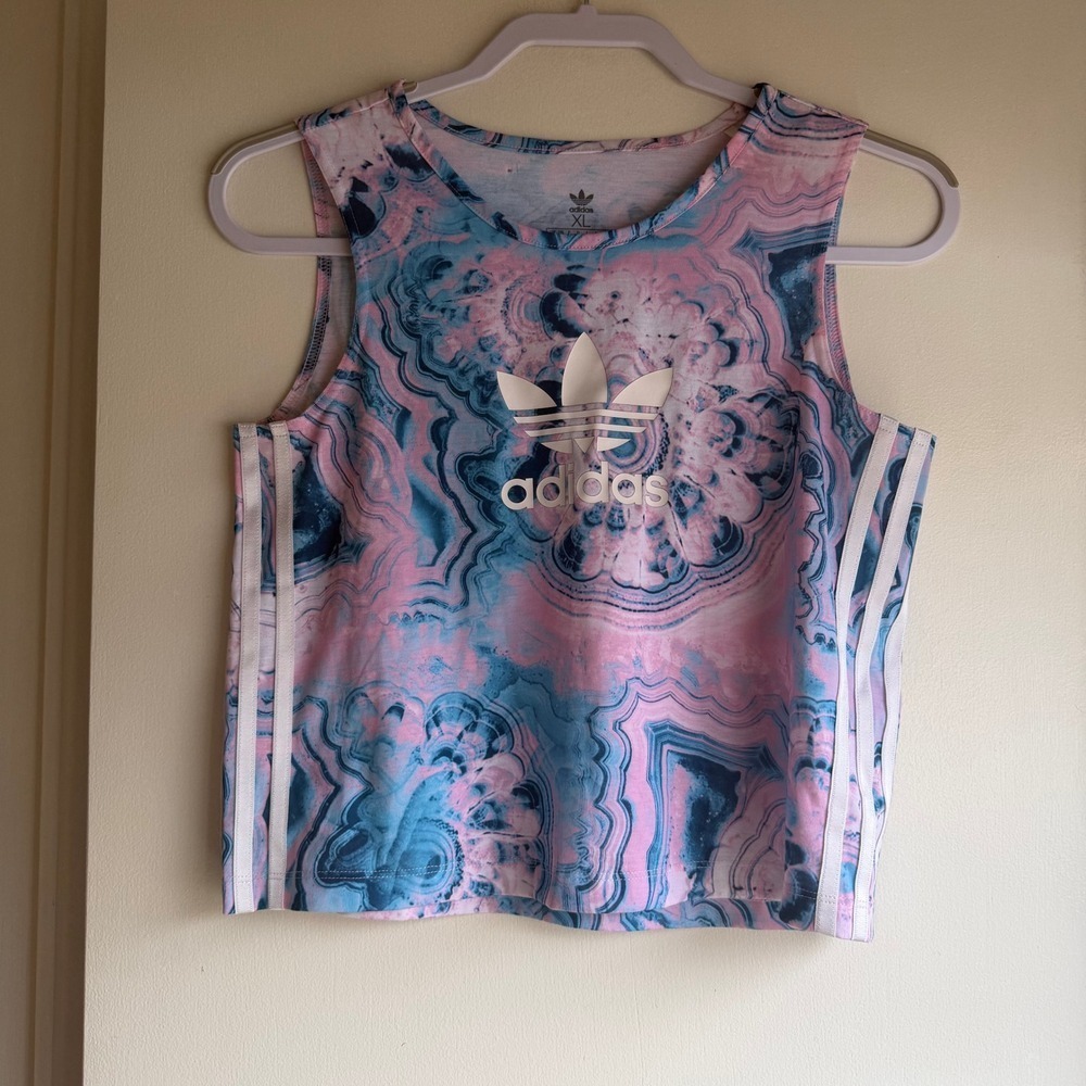 Adidas Originals Girls XL Geode Marble Print Trefoil Logo Tank Top Pink Blue